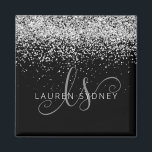 Silver Glitter Glam Monogram Name Magnet<br><div class="desc">Glam Rose Gold Glitter Elegant Monogram Magnet. Easily personalise this trendy chic magnet design featuring elegant rose gold sparkling glitter on a black background. The design features your handwritten script monogram with pretty swirls and your name.</div>