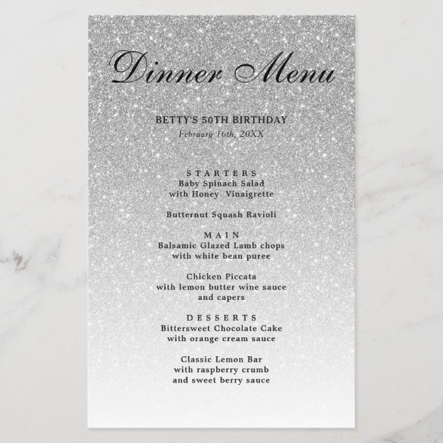 Silver Glitter Glam Party Menu (Front)