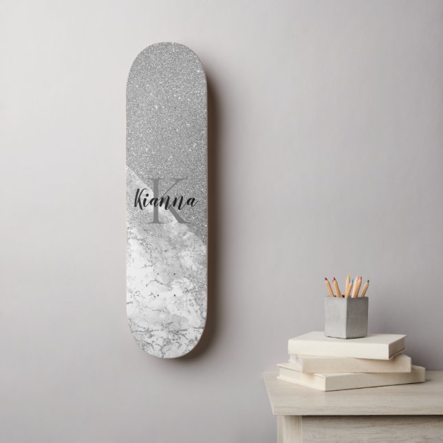 Silver Glitter Glam Silver Marble Monogram  Skateboard (Wall Art)