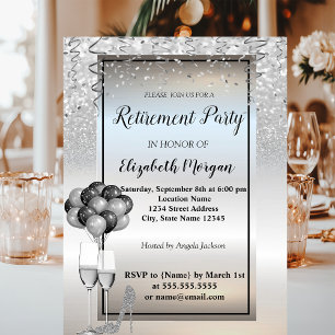 Silver  Glitter ,Glass,Ballons Retirement Party Invitation