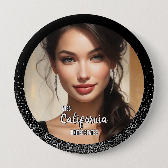 Silver Glitter Glitz Pageant Photo Button Pin (Front)