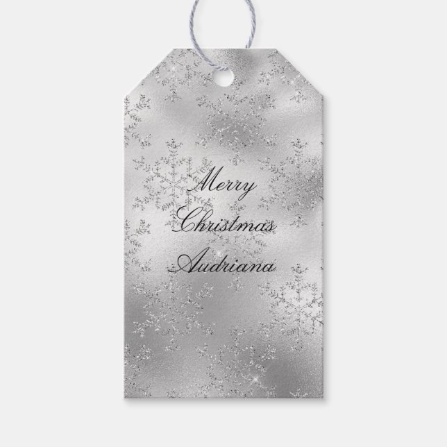 Silver Glitter Glitzy Snowflakes Gift Tags (Front)