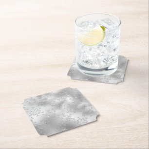 Silver Glitter Glitzy Snowflakes Paper Coaster