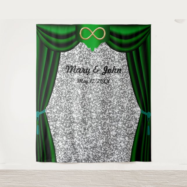 Silver Glitter Gold Infinity Green Curtain Tapestry (Front)