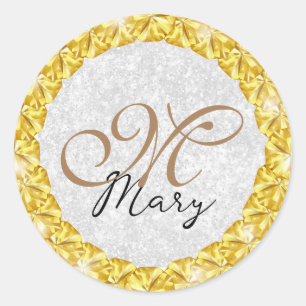 Silver Glitter Gold Jewel Frame Monogram Classic Round Sticker