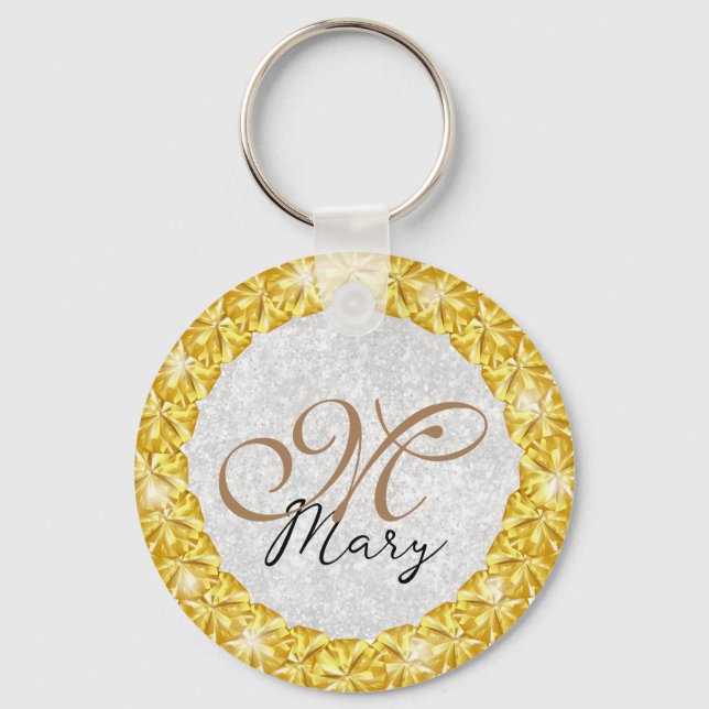 Silver Glitter Gold Jewel Frame Monogram Keychain (Front)