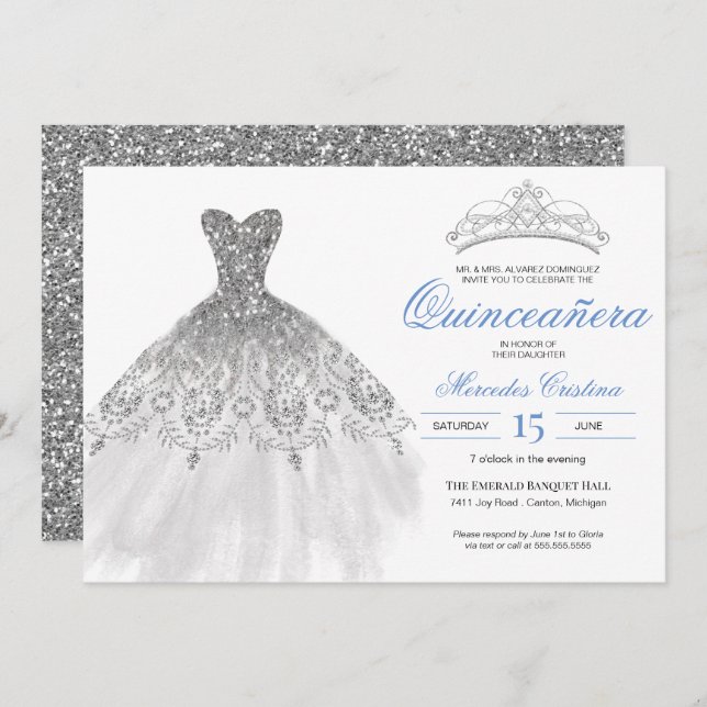 Silver Glitter Gown Elegant Quinceañera Invitation (Front/Back)