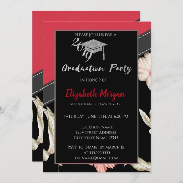 Silver Glitter Graduation Cap, Flowers Invitation (Front/Back)