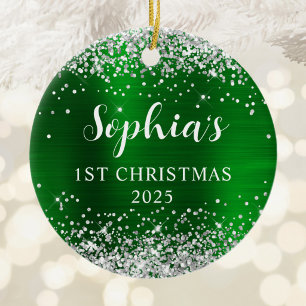Silver Glitter Green Faux Foil 1st Christmas Photo Ceramic Tree Decoration
