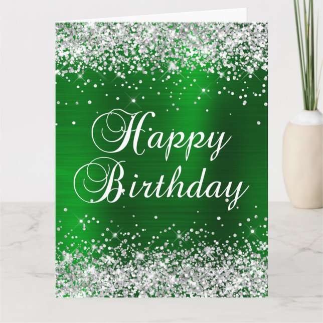 Silver Glitter Green Foil Big Happy Birthday Card (Front)