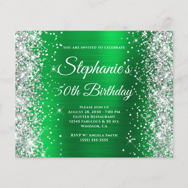 Silver Glitter Green Foil Monogram 50th Birthday Flyer (Front)
