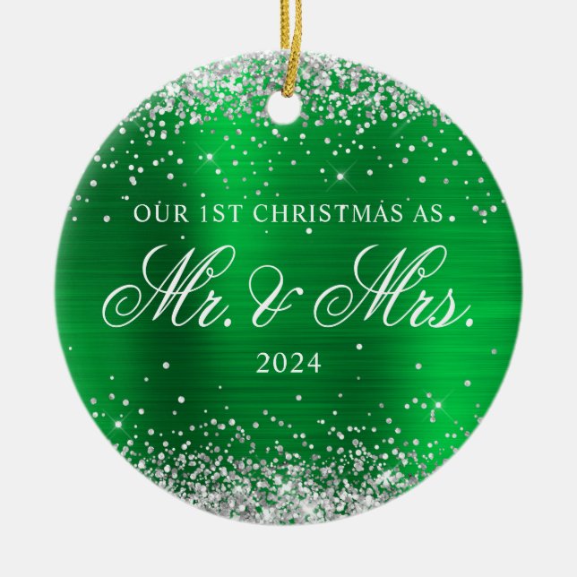 Silver Glitter Green Foil Our 1st Christmas Photo Ceramic Tree Decoration (Front)