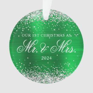 Silver Glitter Green Foil Our 1st Christmas Photo Ornament