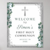 Silver Glitter Greenery First Communion Welcome