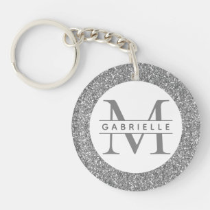 Silver Glitter Grey Monogram Name Keychain