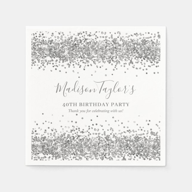 Silver Glitter Grey Sparkle Confetti Birthday Napkin (Front)