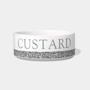 Silver Glitter Grey Sparkle Modern Pet Name Bowl