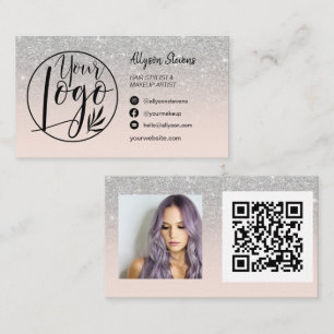 Silver glitter hair makeup photo logo qr code pink business card