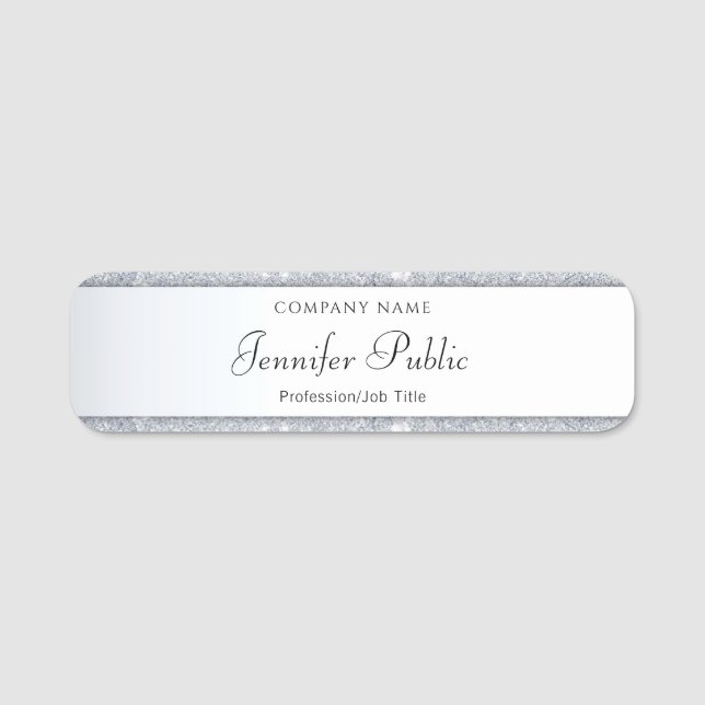 Silver Glitter Handwritten Elegant Script Template Name Tag (Front)