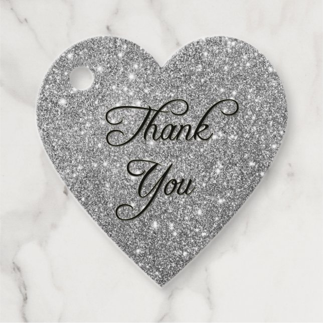 Silver Glitter Heart Thank You Favour Tag (Front)