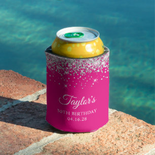 Silver Glitter Hot Pink 50th Birthday Can Cooler