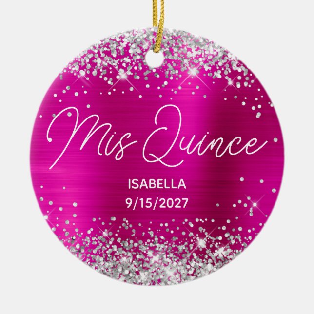 Silver Glitter Hot Pink Fancy Mis Quince Photo Ceramic Tree Decoration (Front)