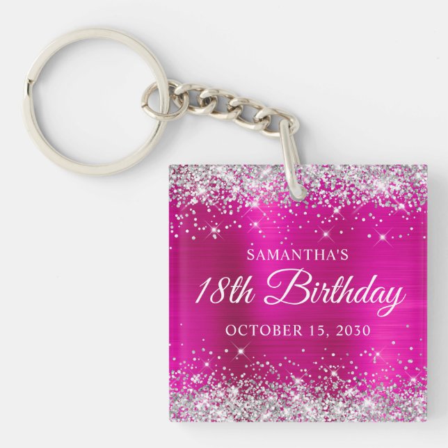 Silver Glitter Hot Pink Foil 18th Birthday Key Ring (Front)
