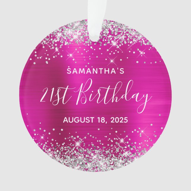 Silver Glitter Hot Pink Foil 21st Birthday Ornament (Front)