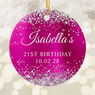 Silver Glitter Hot Pink Foil 21st Birthday Photo Ceramic Tree Decoration