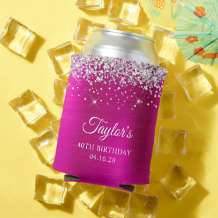 Silver Glitter Hot Pink Foil 40th Birthday Can Cooler
