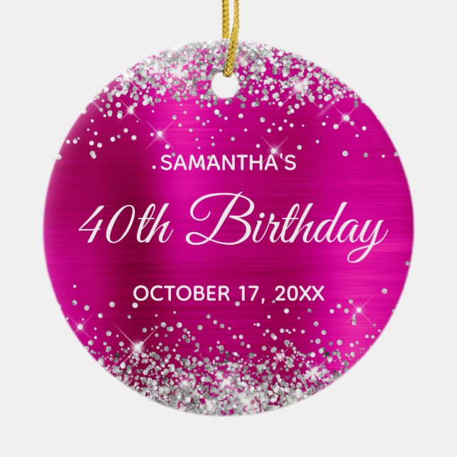 Silver Glitter Hot Pink Foil 40th Birthday Ceramic Tree Decoration (Front)