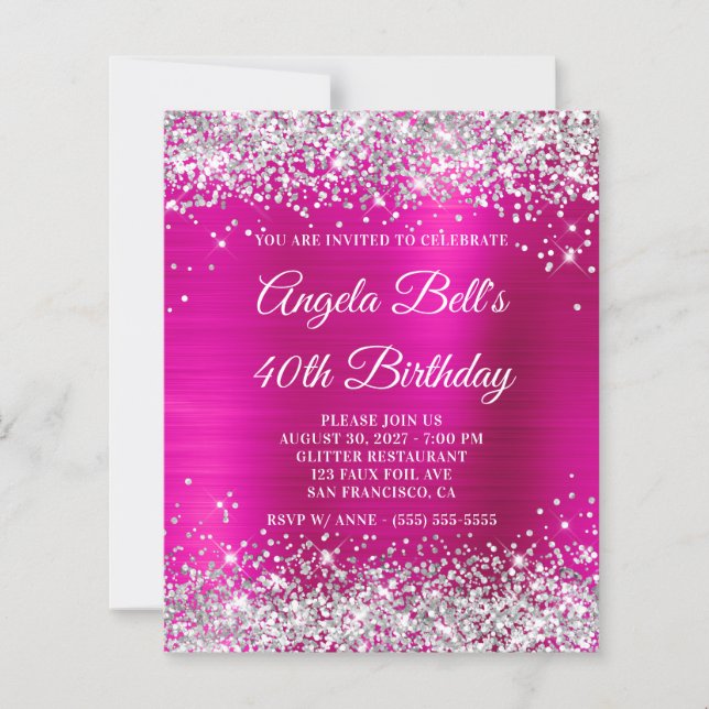 Silver Glitter Hot Pink Foil 40th Birthday Invite (Front)