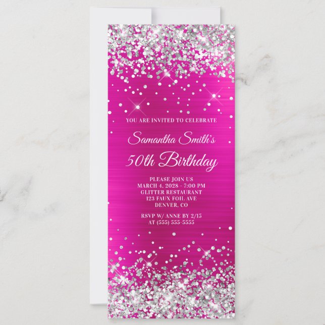 Silver Glitter Hot Pink Foil 50th Birthday Invitation (Front)
