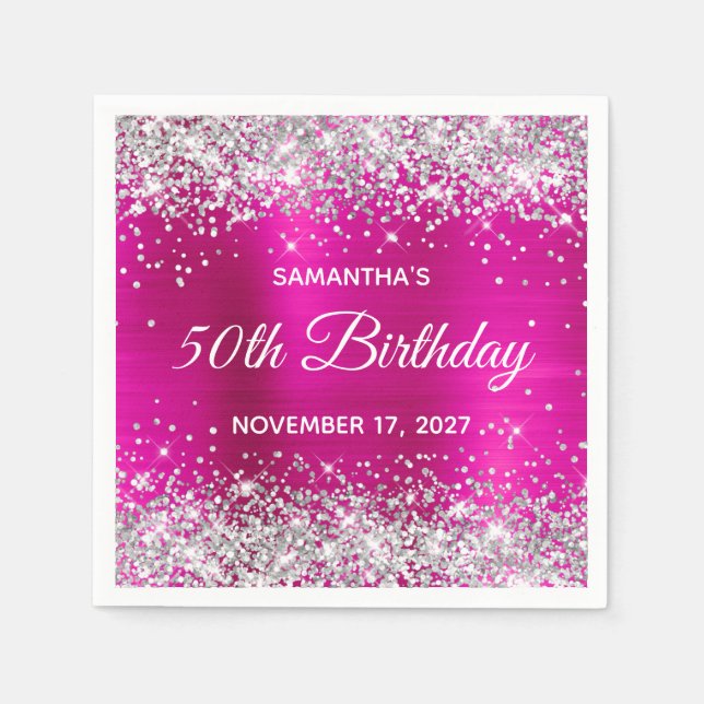 Silver Glitter Hot Pink Foil 50th Birthday Napkin (Front)