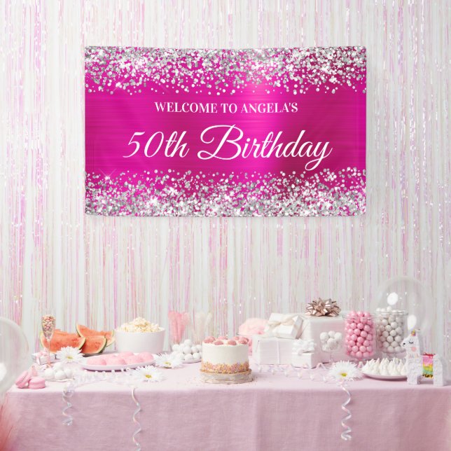 Silver Glitter Hot Pink Foil 50th Birthday Welcome Banner (Party)