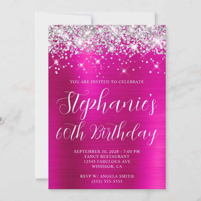 Silver Glitter Hot Pink Foil 60th Birthday Invitation (Front)