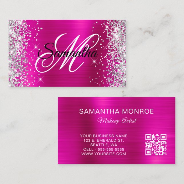 Silver Glitter Hot Pink Foil and QR Code Monogram  Business Card (Front/Back)