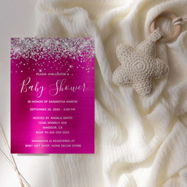 Silver Glitter Hot Pink Foil Baby Shower Invitation (Silver Glitter Hot Pink Glam Baby Shower Invite)