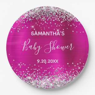 Silver Glitter Hot Pink Foil Baby Shower Paper Plate