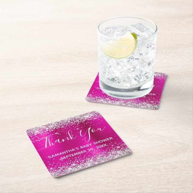 Silver Glitter Hot Pink Foil Baby Shower Thank You Square Paper Coaster (Insitu)