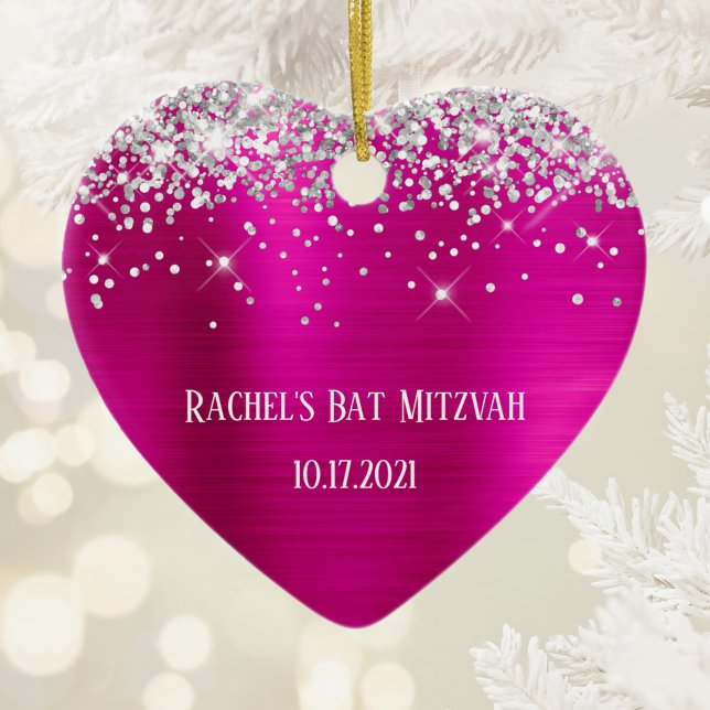 Silver Glitter Hot Pink Foil Bat Mitzvah Ceramic Tree Decoration (Silver Glitter Hot Pink Foil Bat Mitzvah Ceramic Ornament)