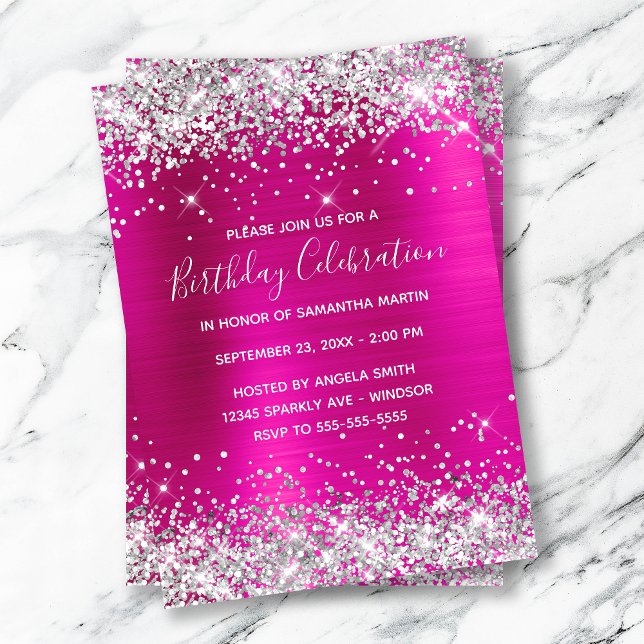 Silver Glitter Hot Pink Foil Birthday Celebration Invitation (Creator Uploaded)