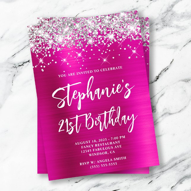 Silver Glitter Hot Pink Foil Bold 21st Birthday Invitation (Creator Uploaded)
