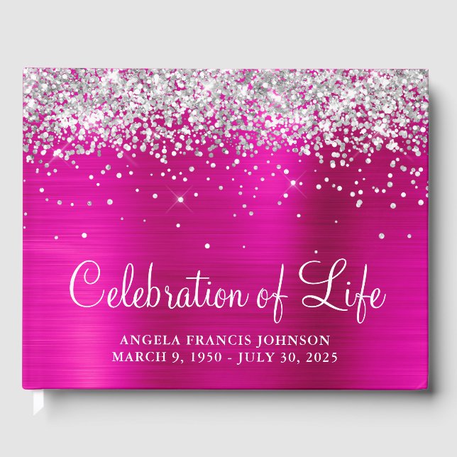 Silver Glitter Hot Pink Foil Celebration of Life Guest Book (Front)