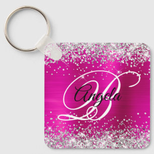 Silver Glitter Hot Pink Foil Fancy Monogram Key Ring