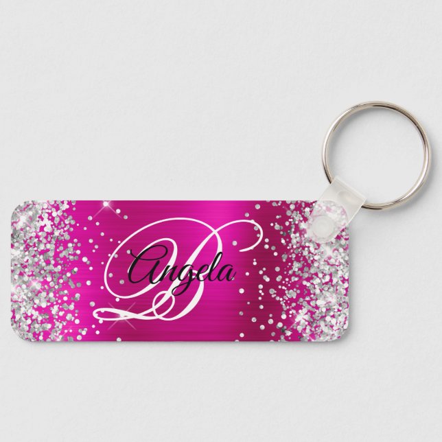 Silver Glitter Hot Pink Foil Fancy Monogram Key Ring (Front)