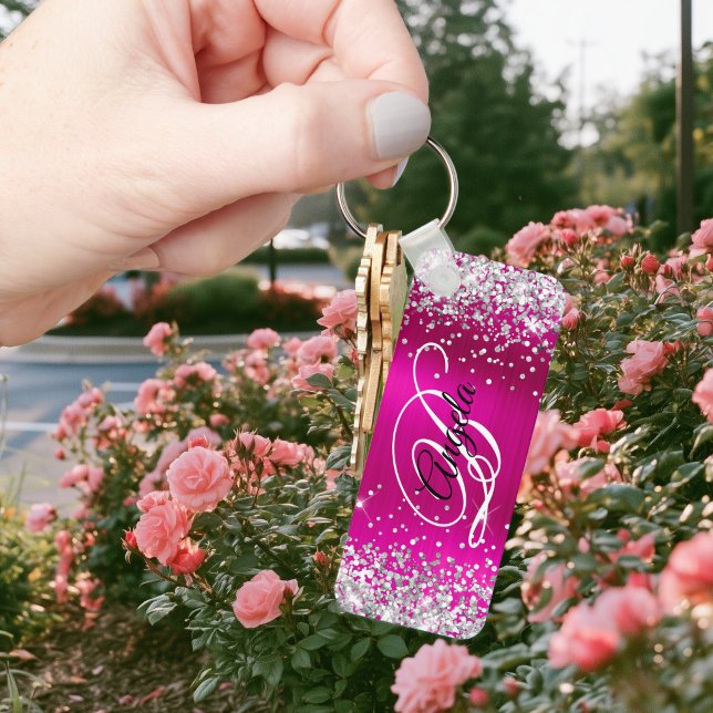 Silver Glitter Hot Pink Foil Fancy Monogram Key Ring (Silver Glitter Hot Pink Foil Fancy Monogram Keychain)