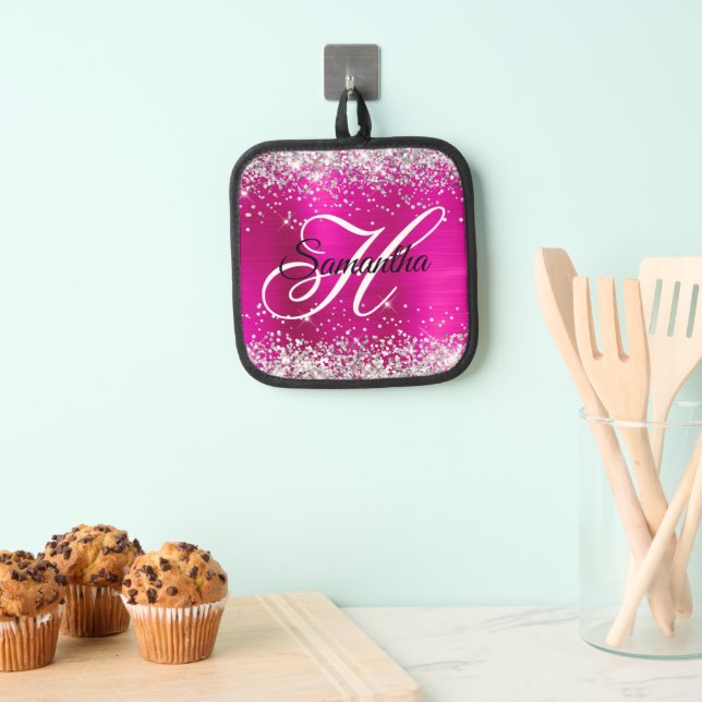 Silver Glitter Hot Pink Foil Fancy Monogram Pot Holder (Insitu(Hanging))