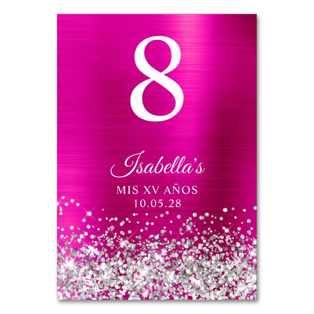 Silver Glitter Hot Pink Foil Mis XV Anos Table Number (Front)