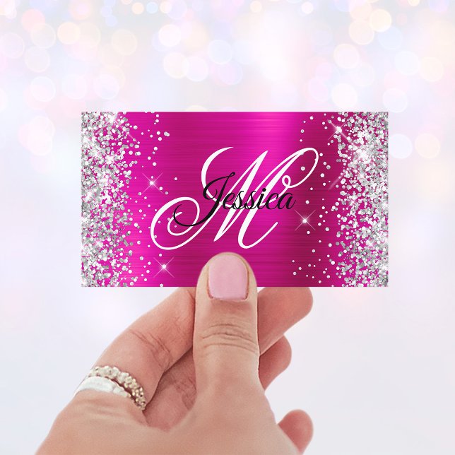 Silver Glitter Hot Pink Foil Monogram Profile Business Card (Faux Glittery Monogram Business Cards)